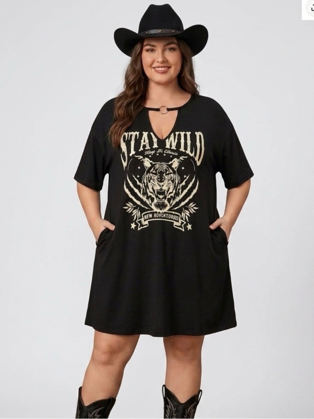 SHEIN Plus Size 22 Black Tiger Graphic Dress Western Cowboy Boho Casual